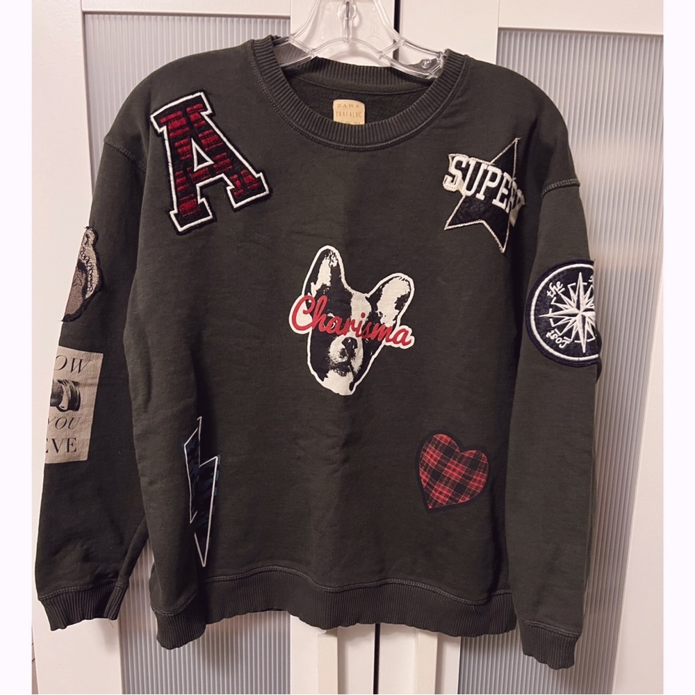 Zara Dark Forest Green Multi Patched Crewneck Sweatshirt Sweater